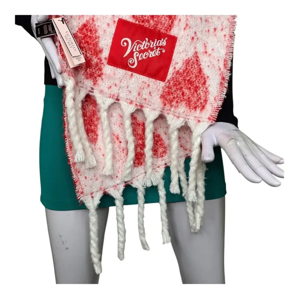Victoria's Secret NWT Fringe Scarf Heart Print Red and White Logo Patch